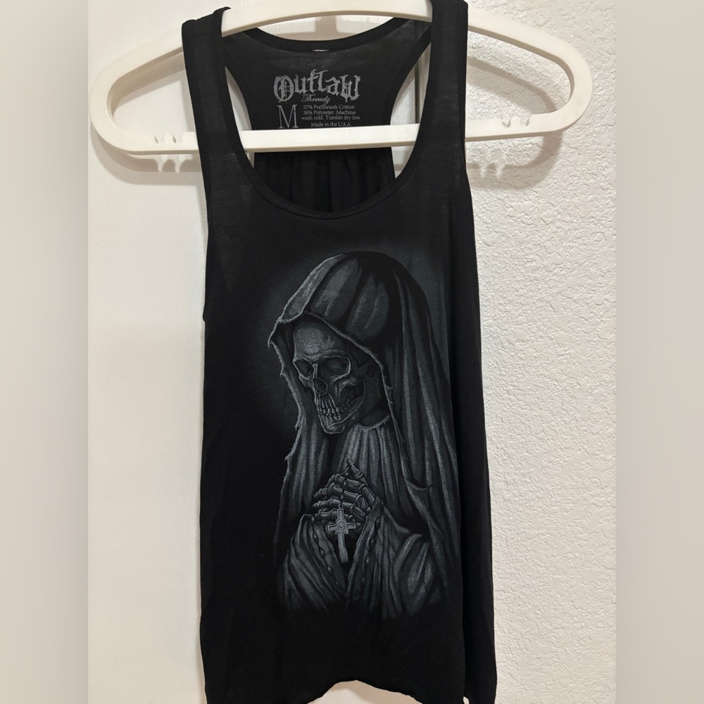 Black Gothic Tank Top Skeleton grim reaper Virgin Mary our lady of Guadalupe M